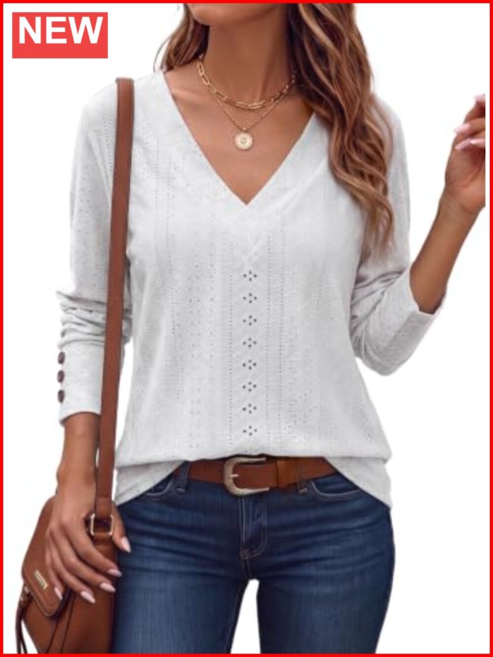 V Neck Long Sleeve Eyelet Embroidered Blouse